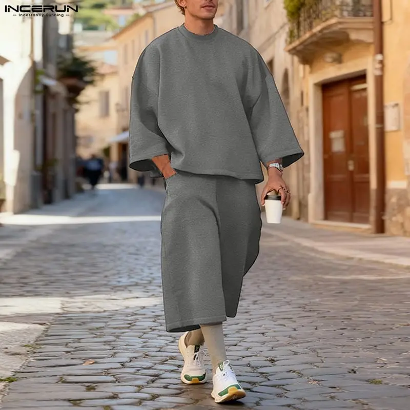 Mens Fashion Streetwear - Conjuntos Masculinos INCERUN em Cores Sólidas,
