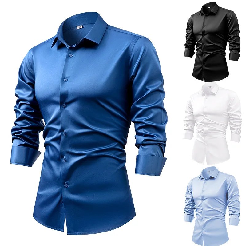 Dress Shirt Non-Iron - 2025 primavera outono azul real seda